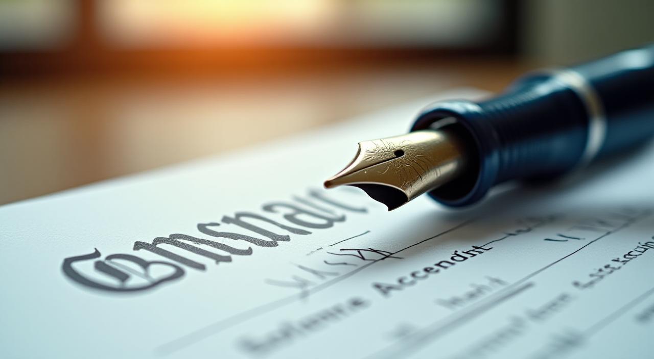 A professional business setting in London with legal documents and a pen