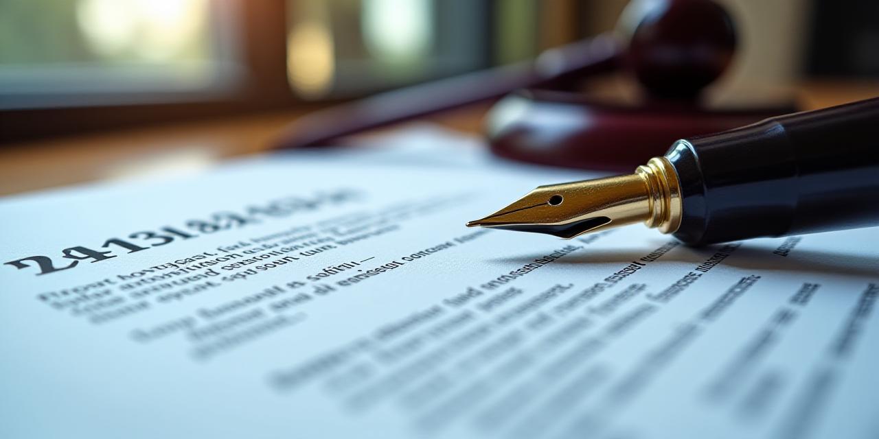 Close up of a legal document and a gavel on a dark wooden desk