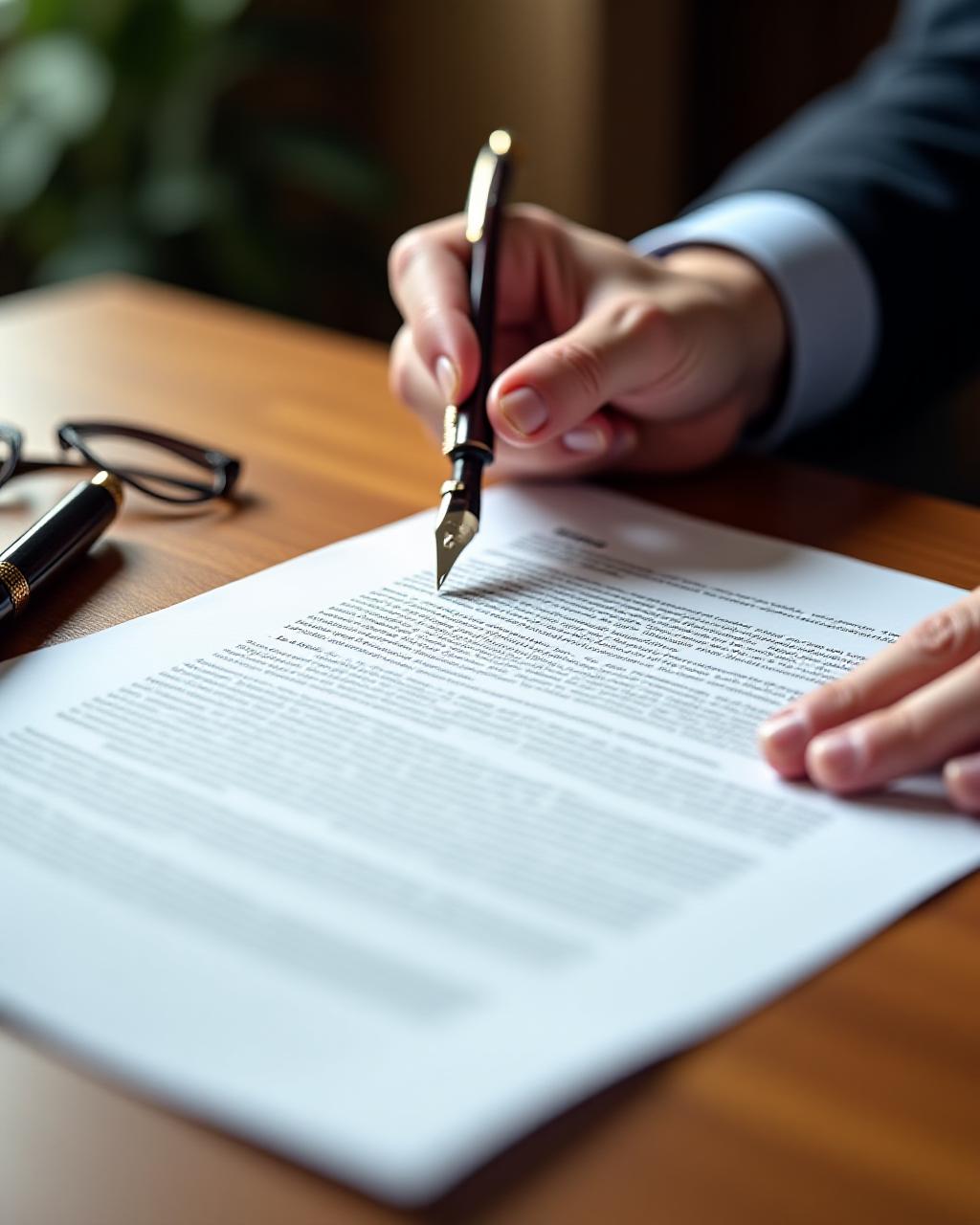 A focused legal professional reviewing documents during a high-stakes meeting